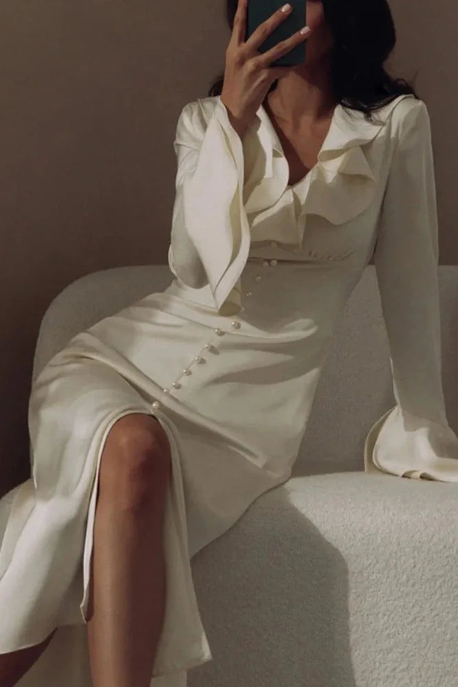 Elegant V Neck Slim Long Sleeve High Waist Midi Dress