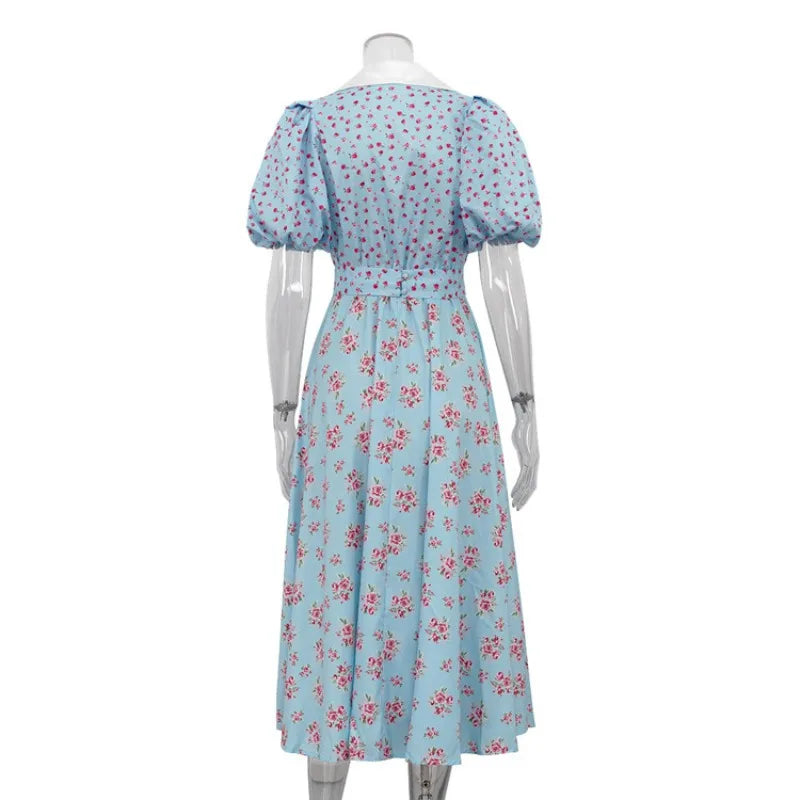 Printed V Neck High Waist A-Line Mini Dress