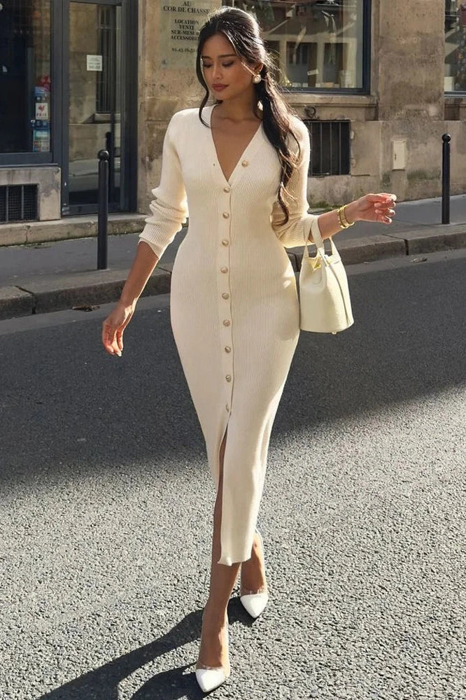 V-Neck Knit Patchwork Slim Midi Dress