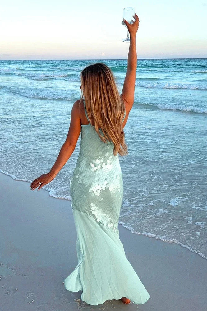 U Neck Backless Sleeveless High Waist Maxi Dress