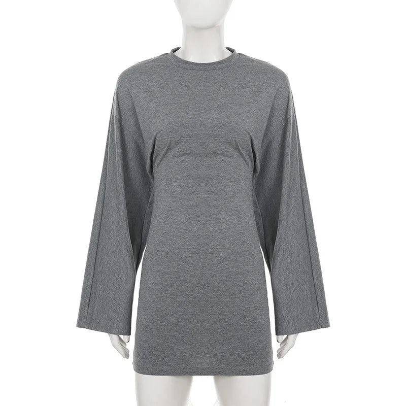 Round Neck A-Line Long Sleeve Mini Dress