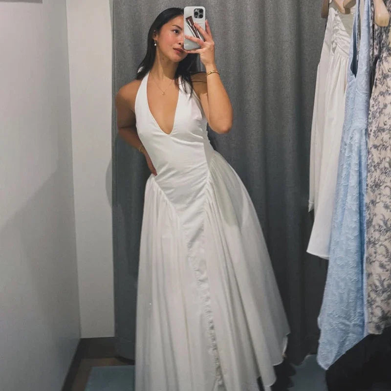 Deep V Neck A-Line Pleated Midi Dress