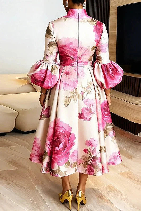 Floral Print High Waist Pleated Long Sleeve Midi Dress