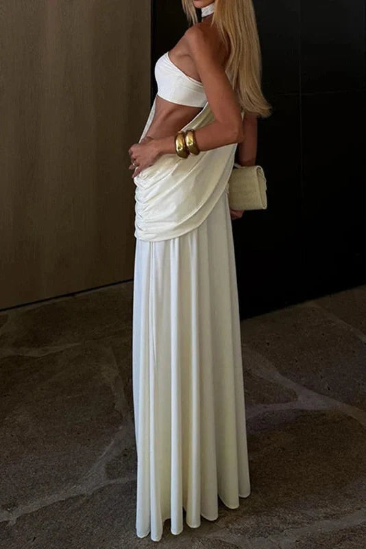 Hollow Out Slim High Split Pleat Slash Collar Maxi Dress