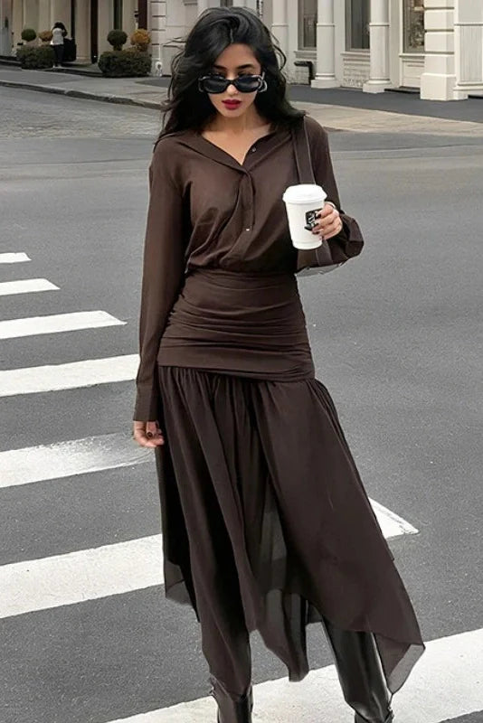 Long-Sleeved Pleated Slim High Waist Midi Dress