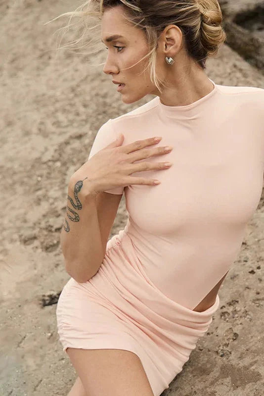 Hollow Out Short Sleeve High Collar Mini Dress