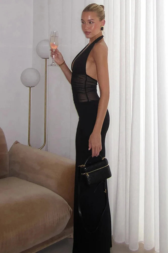 See Through Backless Deep V Neck Lace Up Maxi Dress