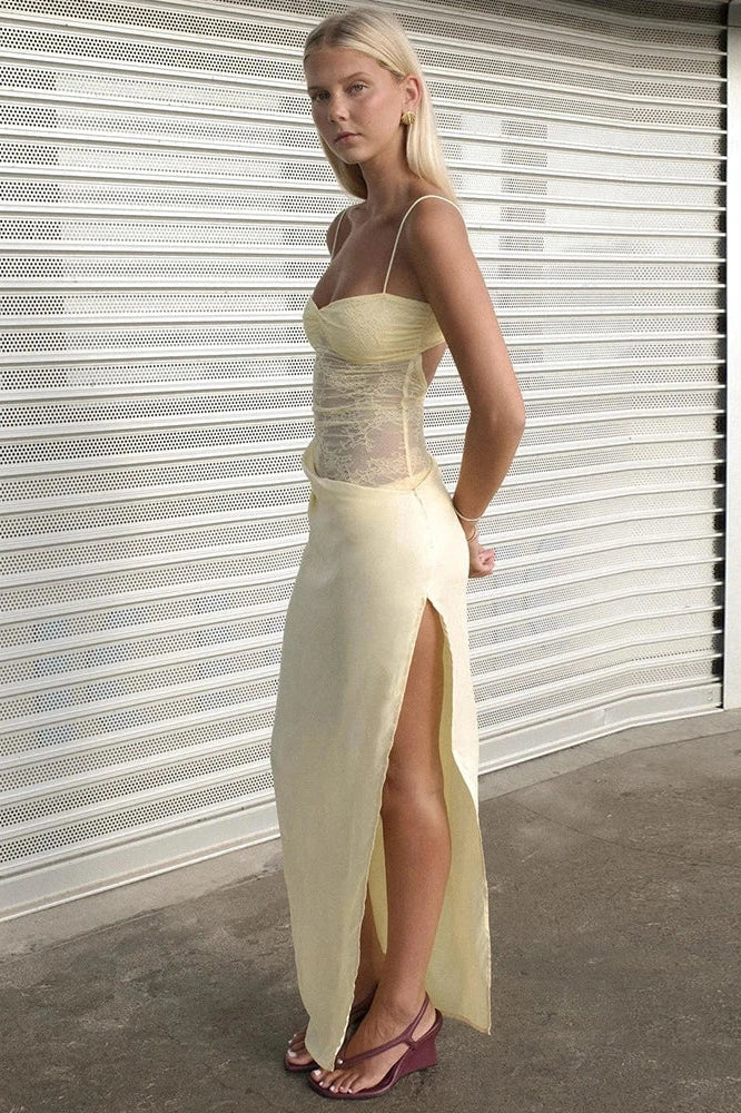 Lace Spaghetti Strap Backless High Slit Sleeveless Maxi Dress