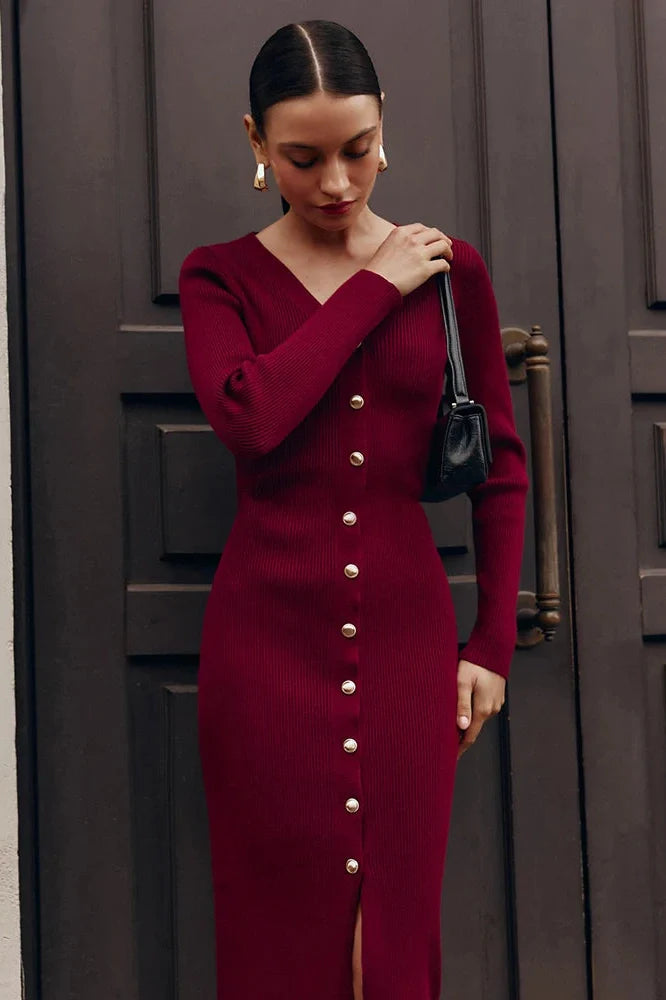 Elegant Long Sleeve Knitted Slim Midi Dress