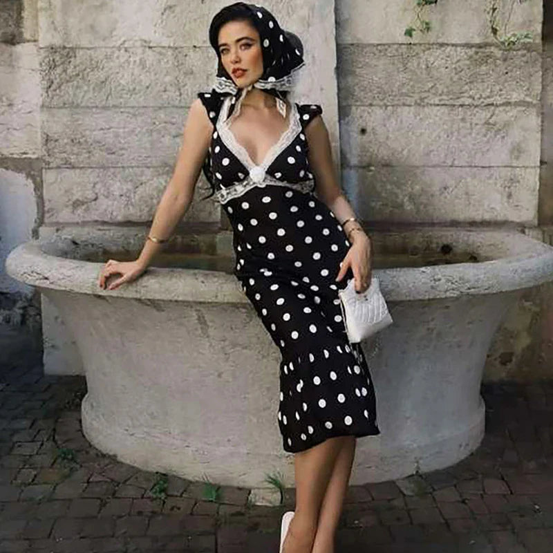 Lace Patchwork Polka Dot V-Neck Backless Midi Dress