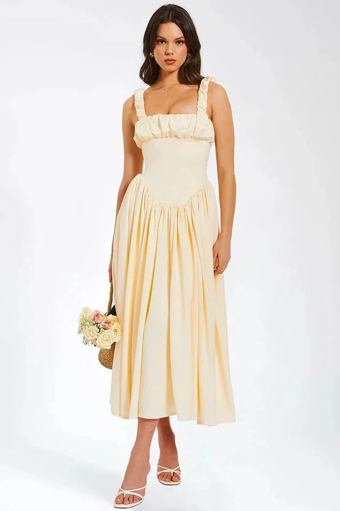 Elegant Square Collar Sleeveless Backless Midi Dress