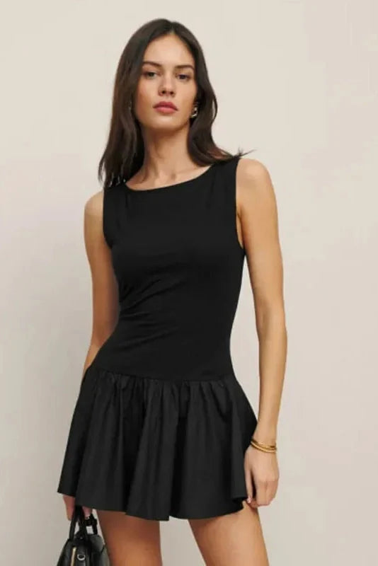 Sleeveless Pleated High Waist Round Neck Slim Mini Dress