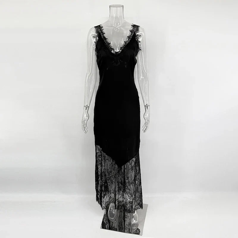 Spaghetti Strap Lace Backless Slim Maxi Dress