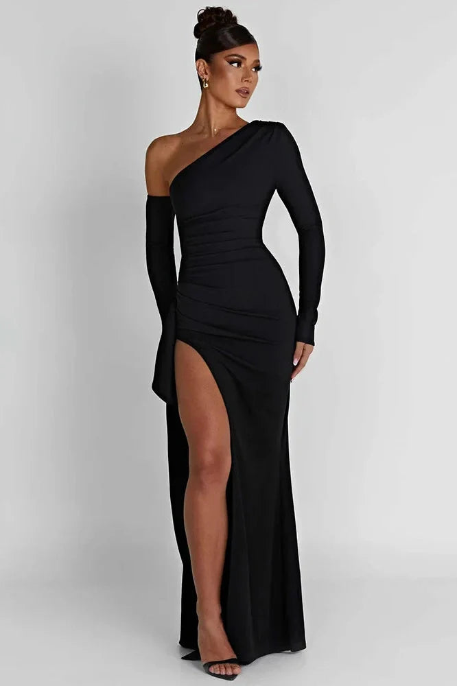 Oblique Shoulder Long Sleeve Backless High Split Maxi Dress