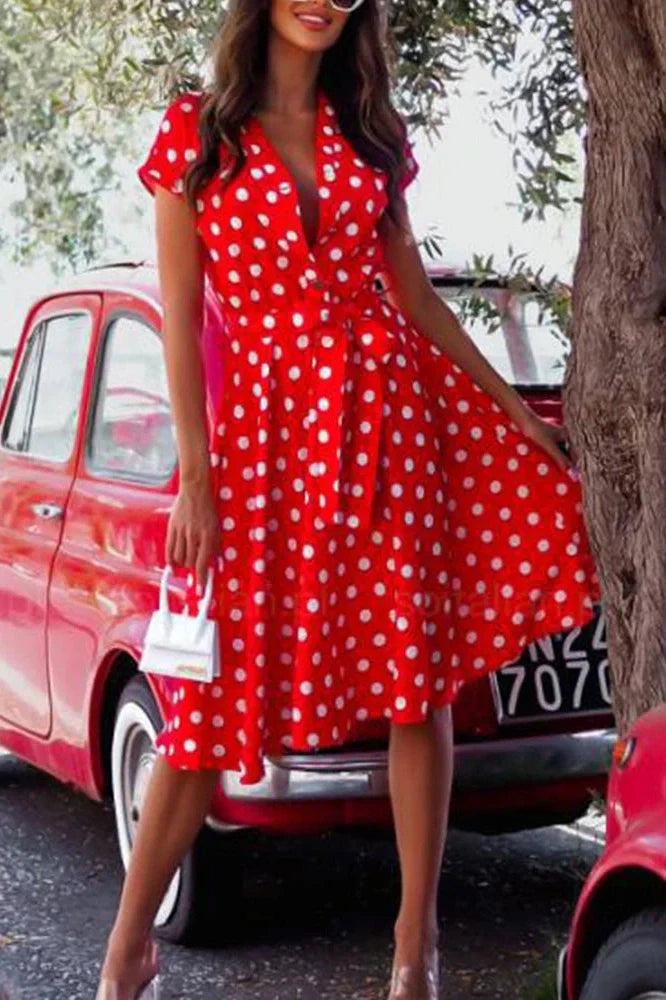 Polka Dot Print V-Neck Button Lace-up Slim A-Line Midi Dress
