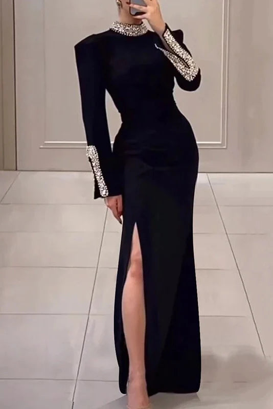 Elegant High Slit Long Sleeve Slim Turtleneck Maxi Dress