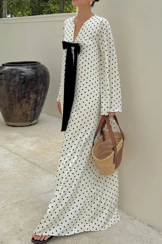 V-Neck Print Polka Dots Long Sleeves Loose Maxi Dress
