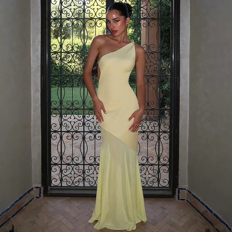 Patchwork One Shoulder Lace-Up Backless Maxi Dress