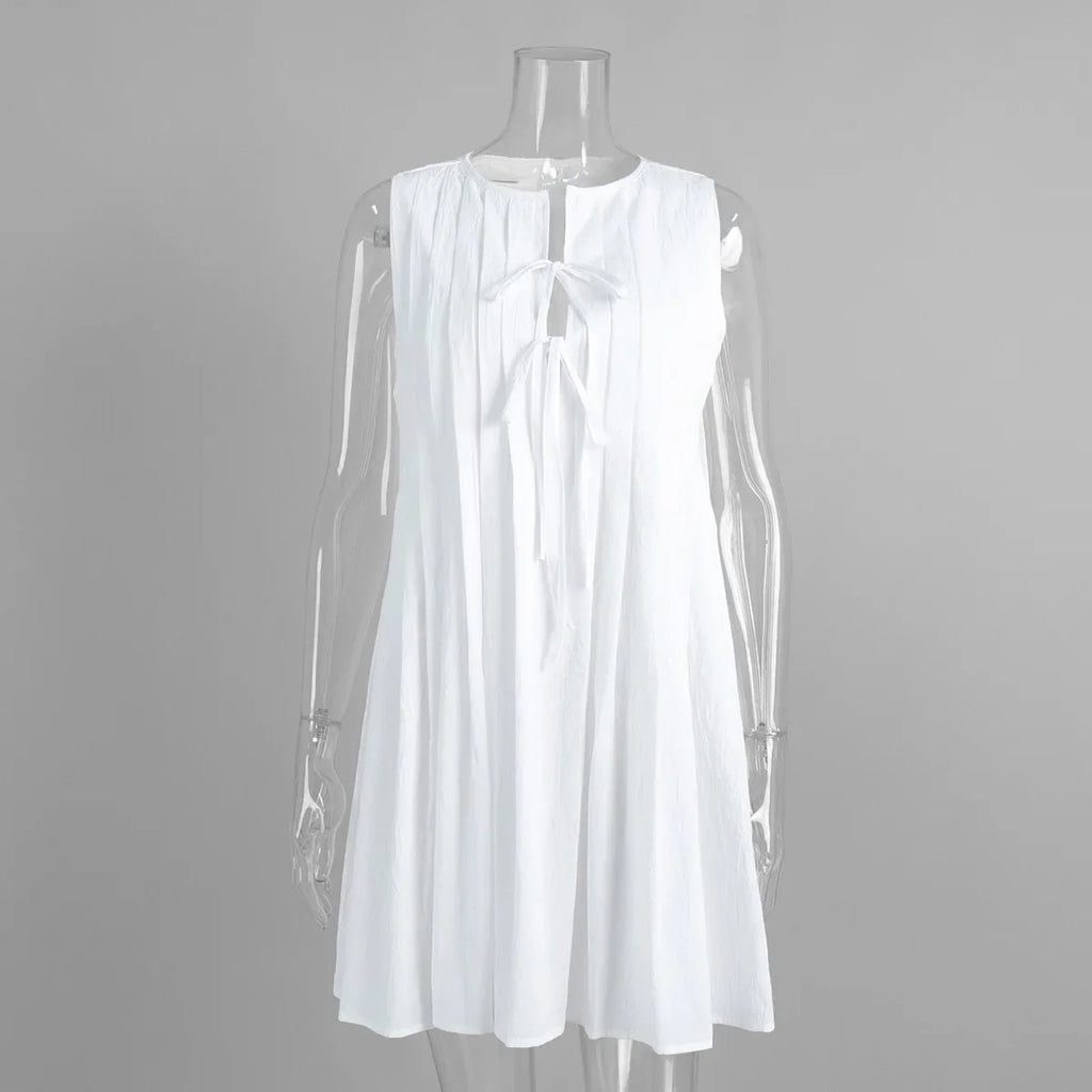 Pleated O Neck Sleeveless Lace Up Mini Dress