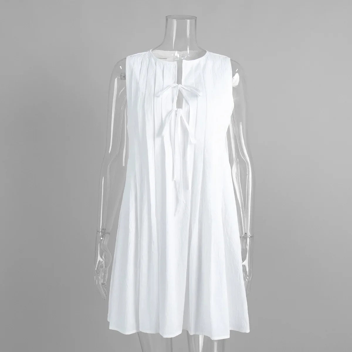 Pleated O Neck Sleeveless Lace Up Mini Dress