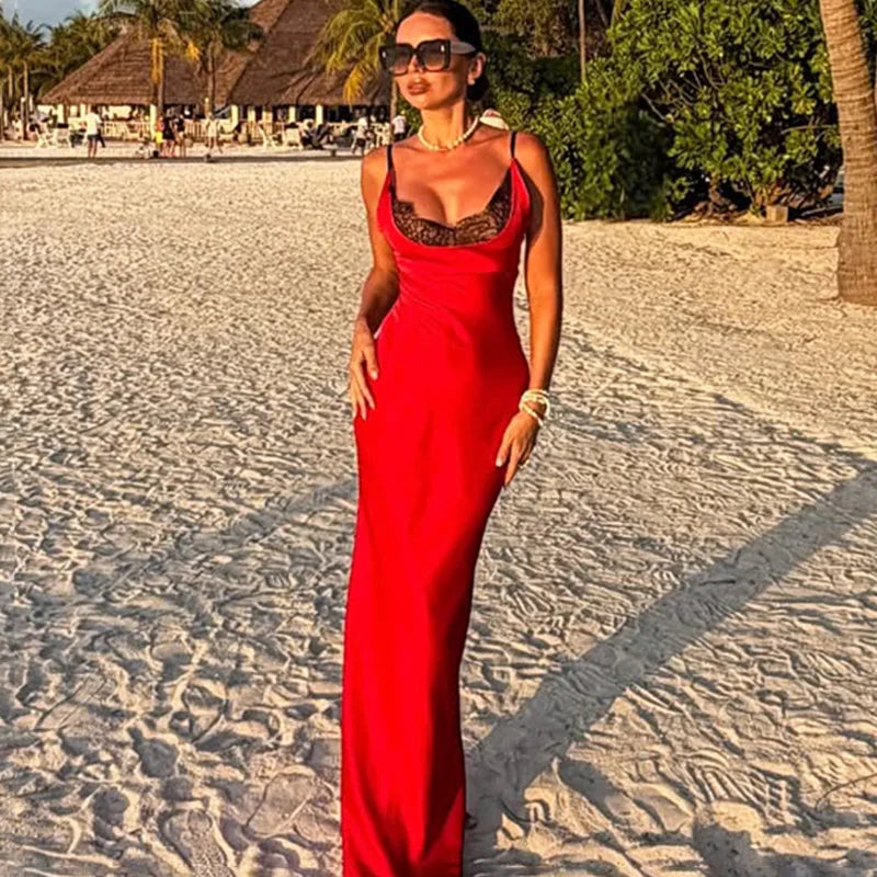 Lace Patchwork Backless Maxi Dress