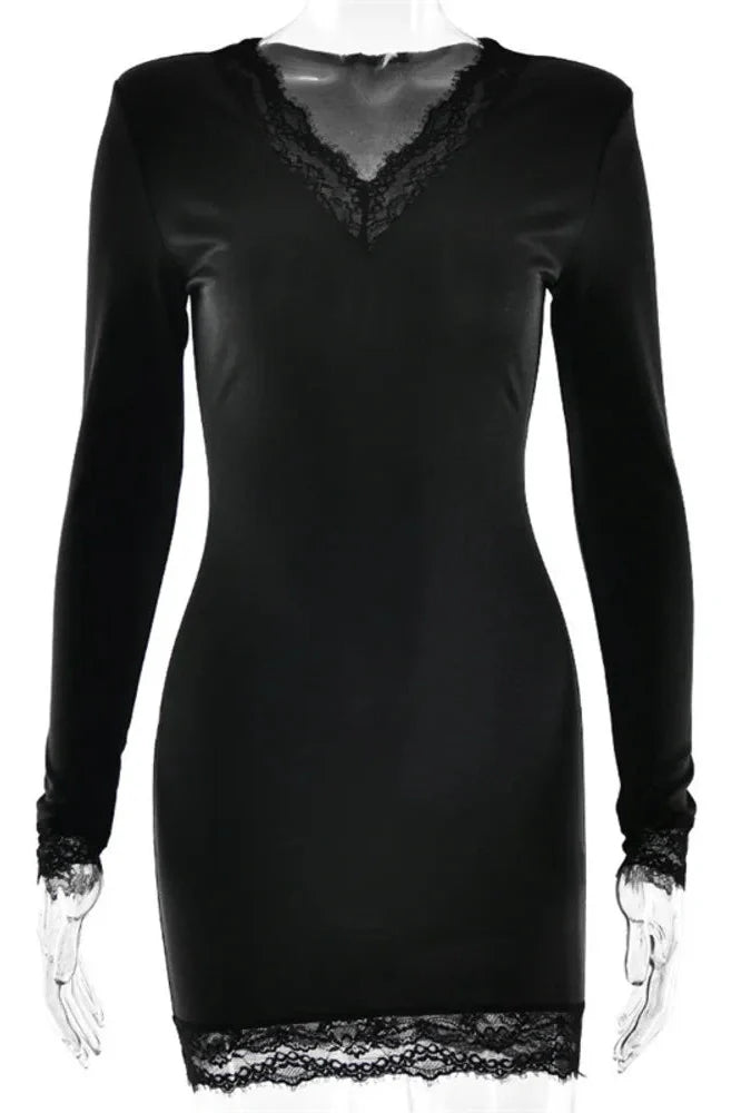 Lace V Neck Long Sleeve Patchwork Bodycon Mini Dress