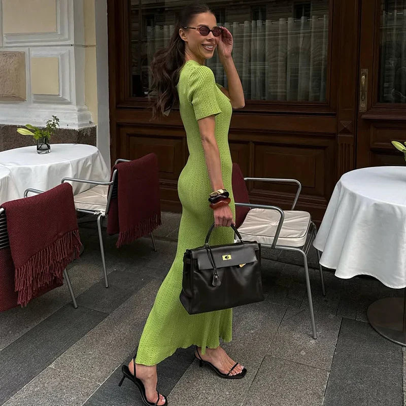Knitted Short Sleeve Slim High Waist Maxi Dress