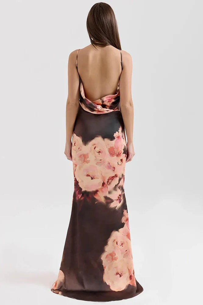 Printed Spaghetti Strap Sleeveless Backless Bodycon Maxi Dress