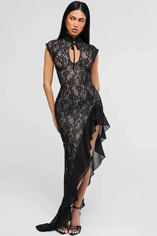 Hollow Out Lace Sleeveless High Split Maxi Dress