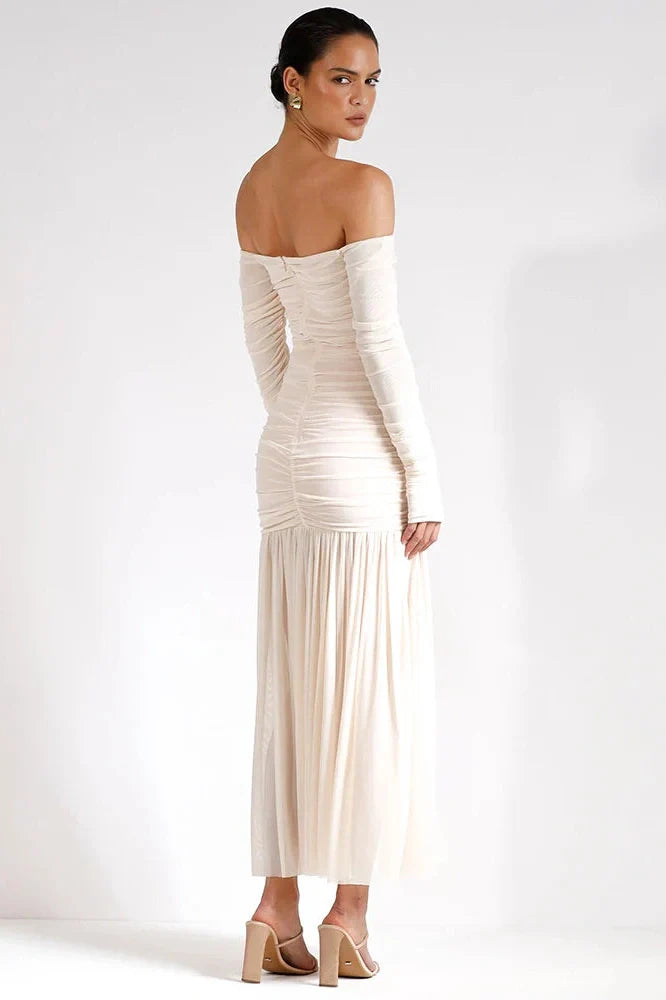 Off-Shoulder Strapless Patchwork Backless Long Sleeve Pleated Maxi Dress