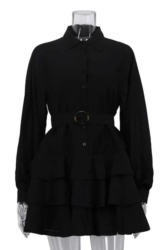 Elegant Long Sleeves Single-Breasted Belt Mini Dress