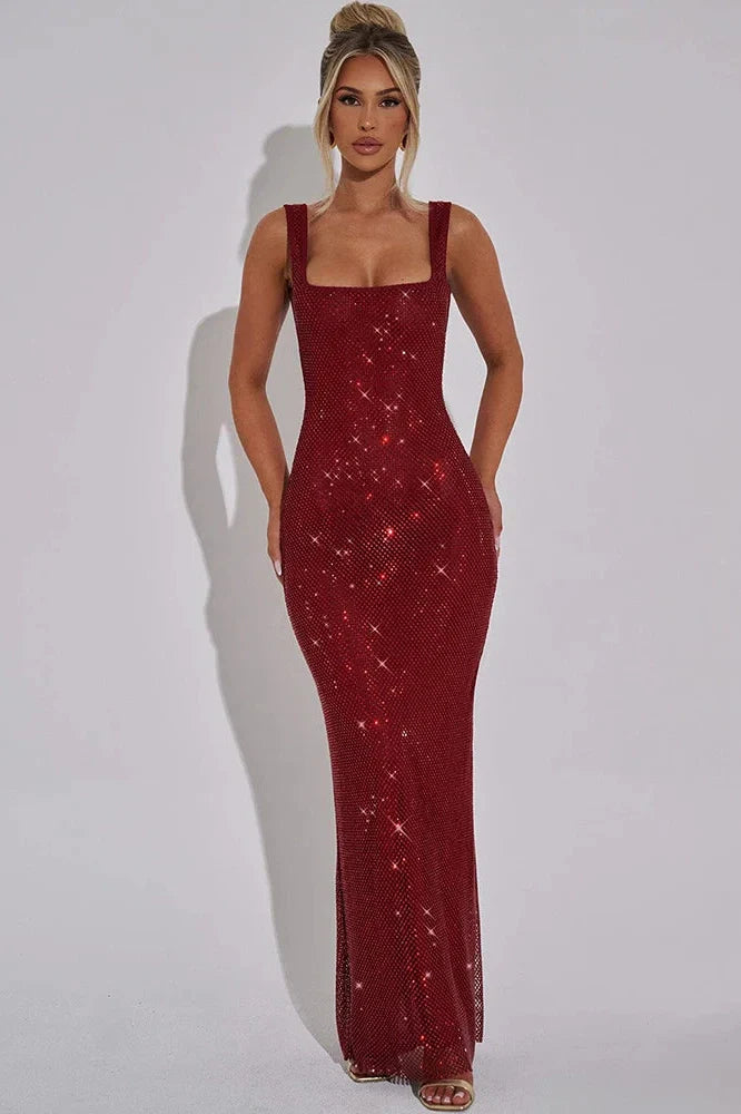 Backless Sparkle Square Collar Sleeveless Maxi Dress