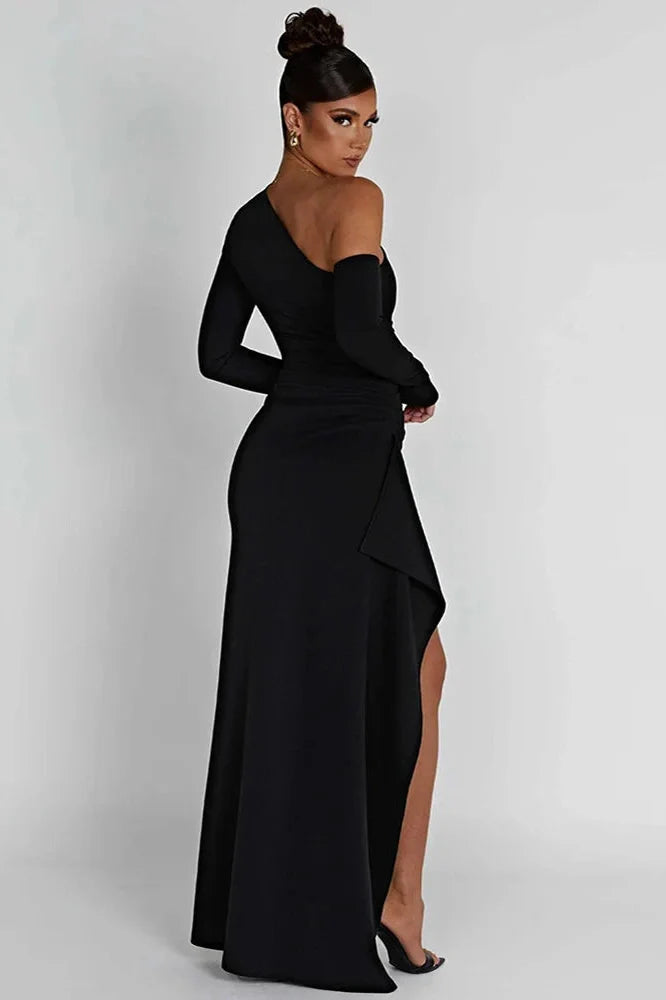 Oblique Shoulder Long Sleeve Backless High Split Maxi Dress