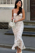 Lace Printed See-Through Slim Backless Maxi Dress