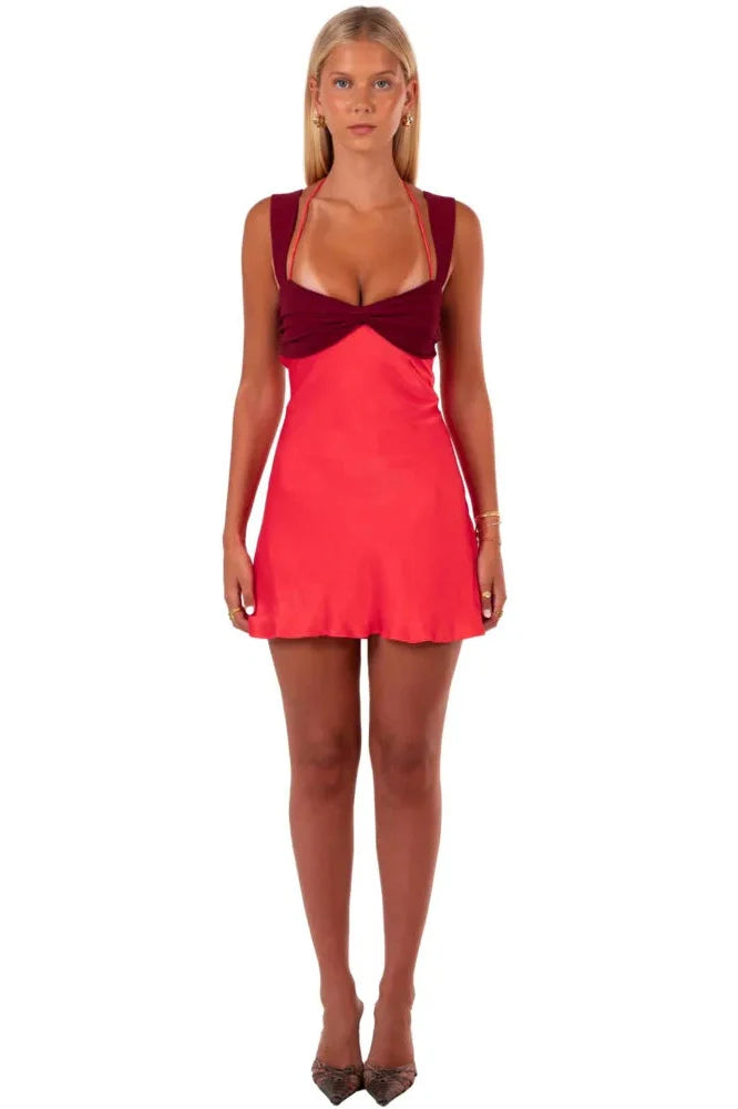 Patchwork Sleeveless Strapless Lace-up A-line Mini Dress