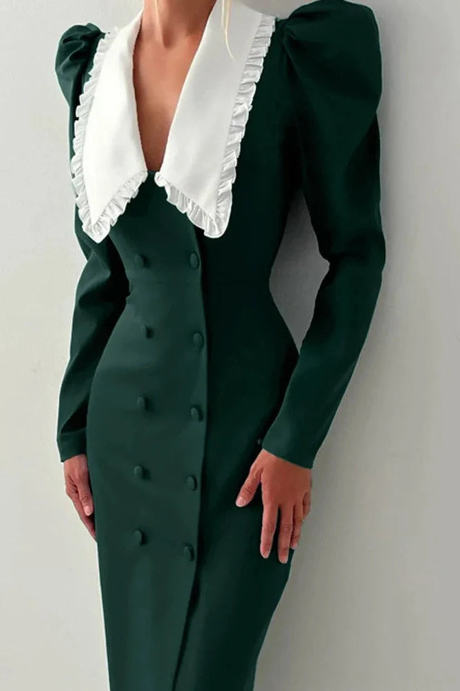 Elegant Long Sleeve Double Breasted Midi Dress