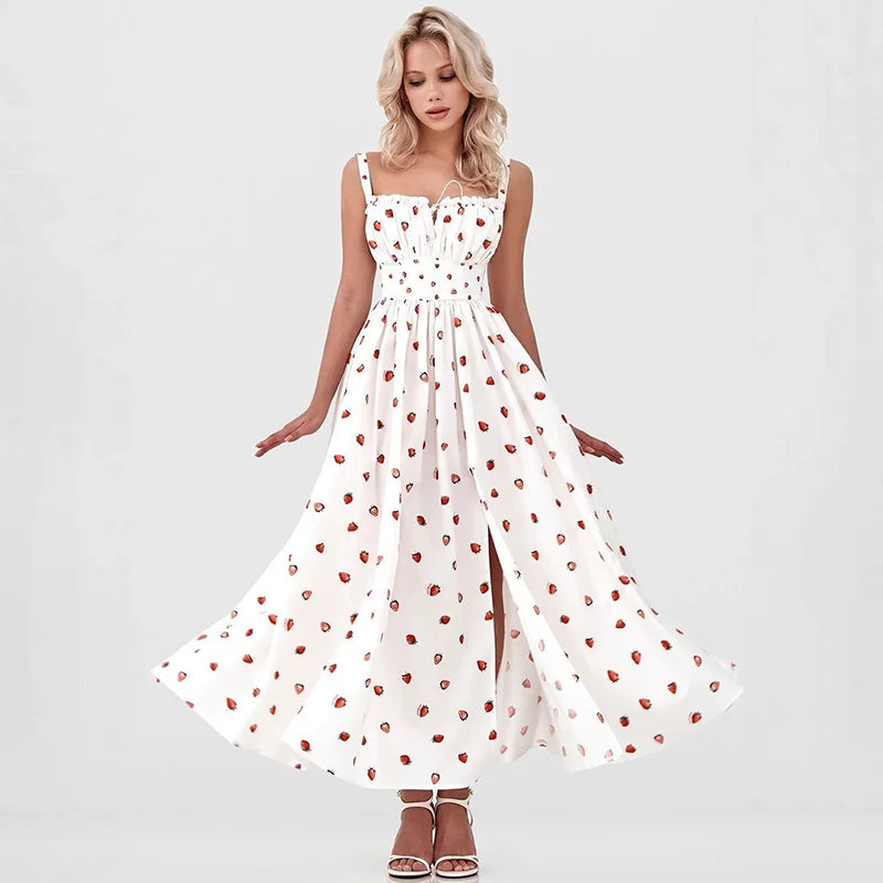 Printed Lace Up High Waist Maxi Dress