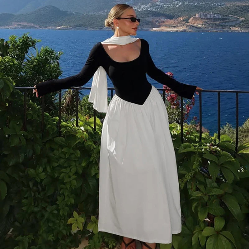 Patchwork Scarf Ribbon Round Neck A-Line Maxi Dress