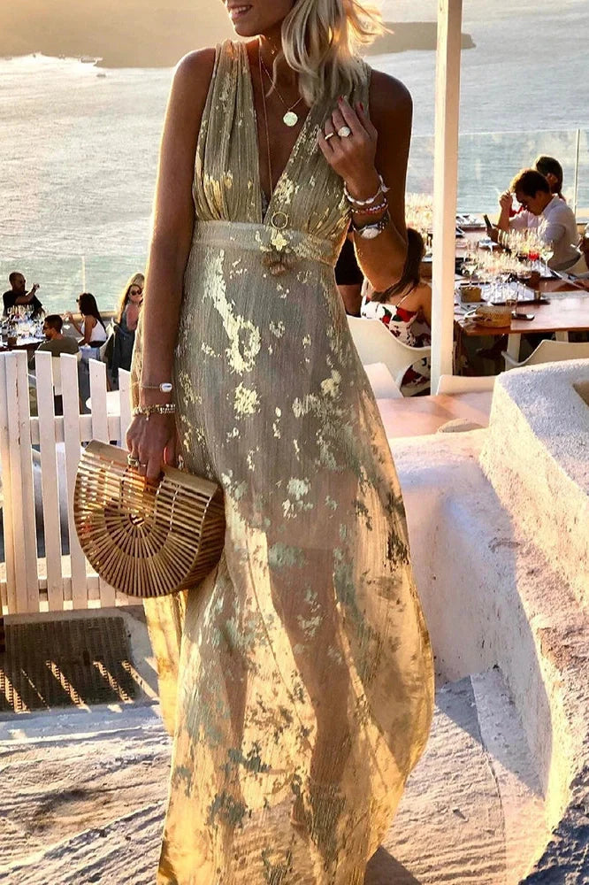 Hollow High Waist Printed Sleeveless Deep V Neck Maxi Dress