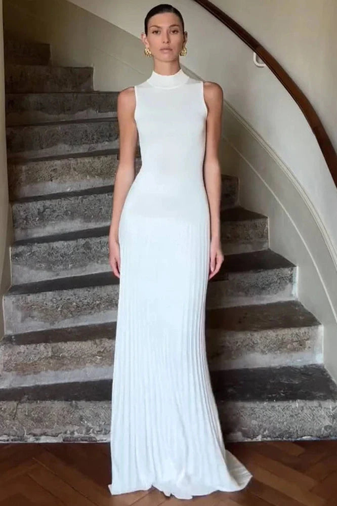 High Collar Sleeveless Bodycon Pleated Maxi Dress