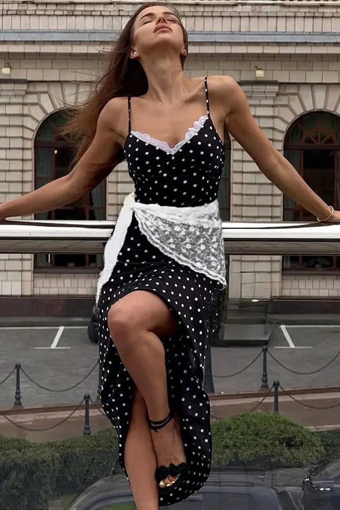 Lace Patchwork Printed Slim V-Neck Backless Maxi Dress