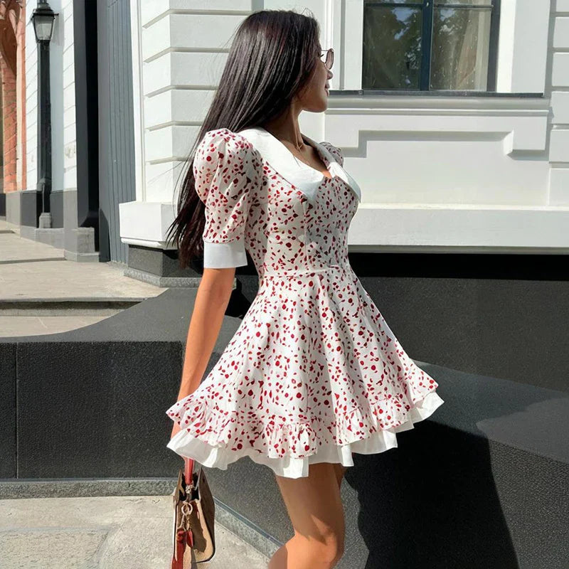 Printed Short Sleeve High Waist Mini Dress