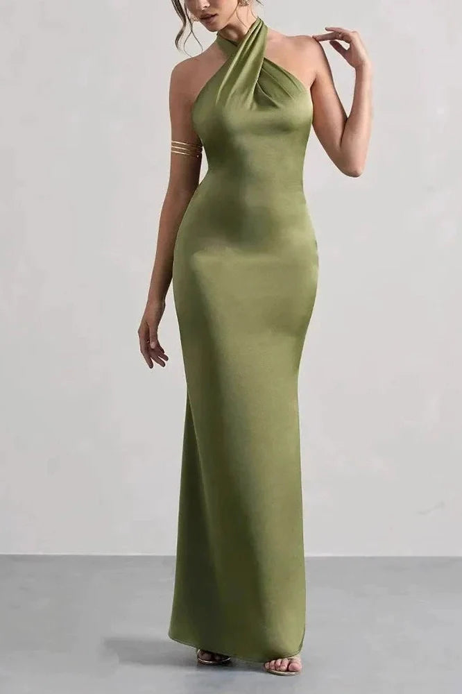 Off Shoulder High Waist Pleated Backless Slim Maxi Dress