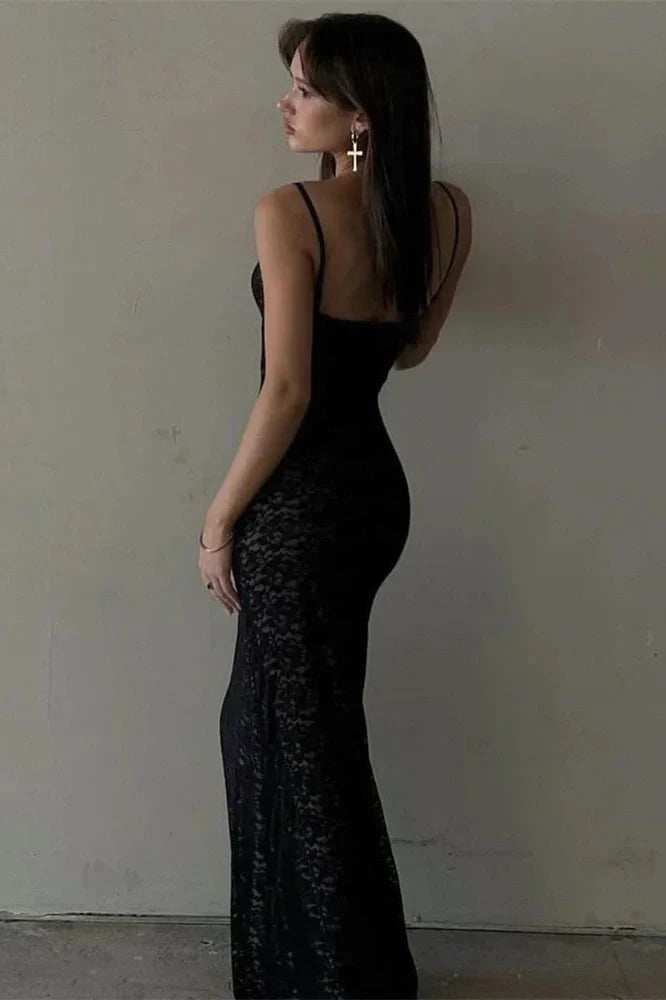 Lace Hollow Out Backless Slim V-Neck Maxi Dress