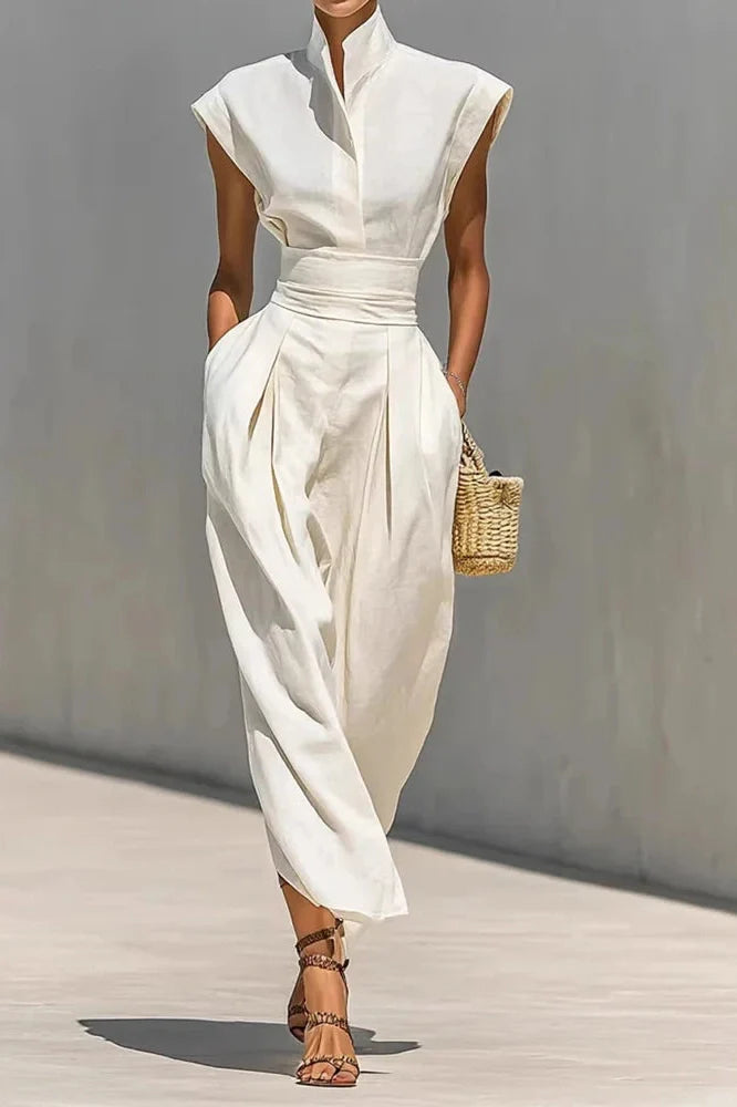 Elegant High Waist Slim Pleated Sleeveless Midi Dress