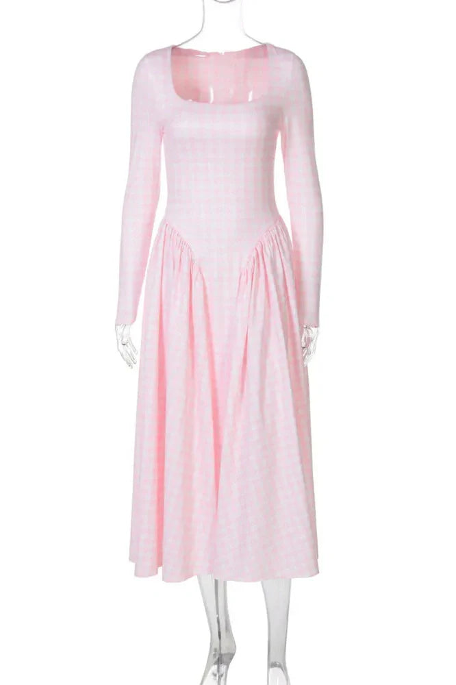 Plaid Long Sleeve Pleated Square Collar High Waist A-line Midi Dress