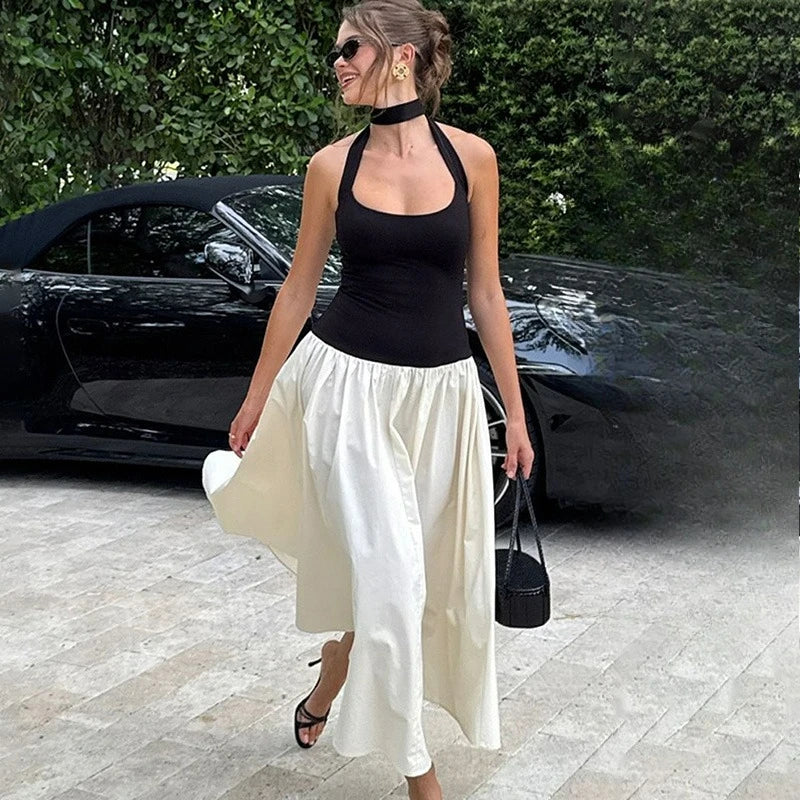 Elegant Backless Patchwork Maxi Dress