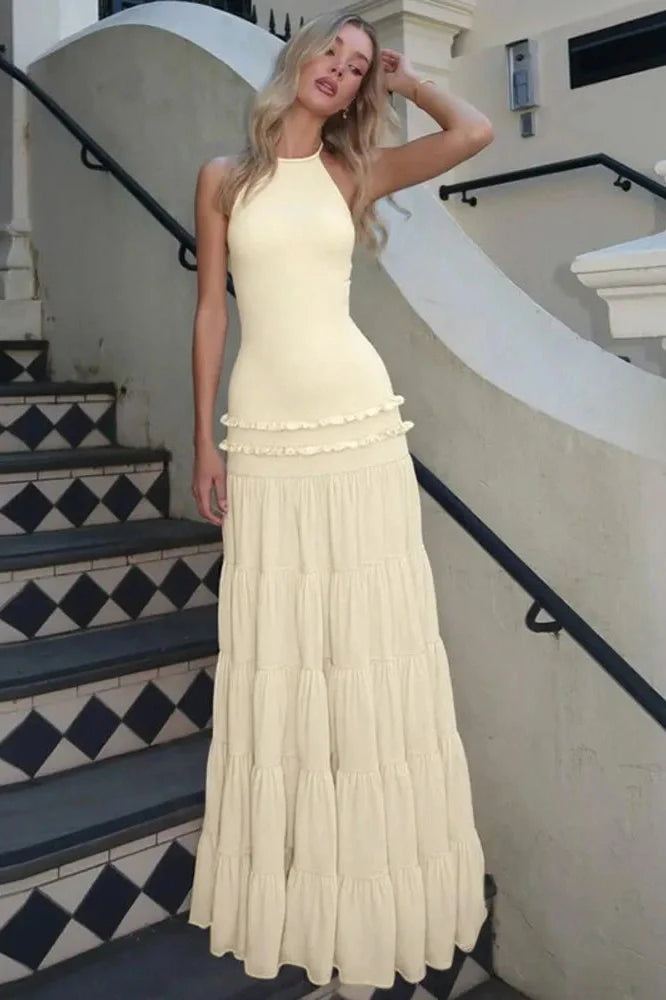 Backless Pleated Sleeveless High Waist Lace-Up A-Line Maxi Dress