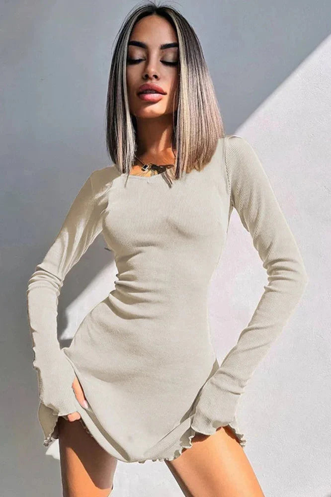 Long Sleeve O Neck Lace-up Mini Dress