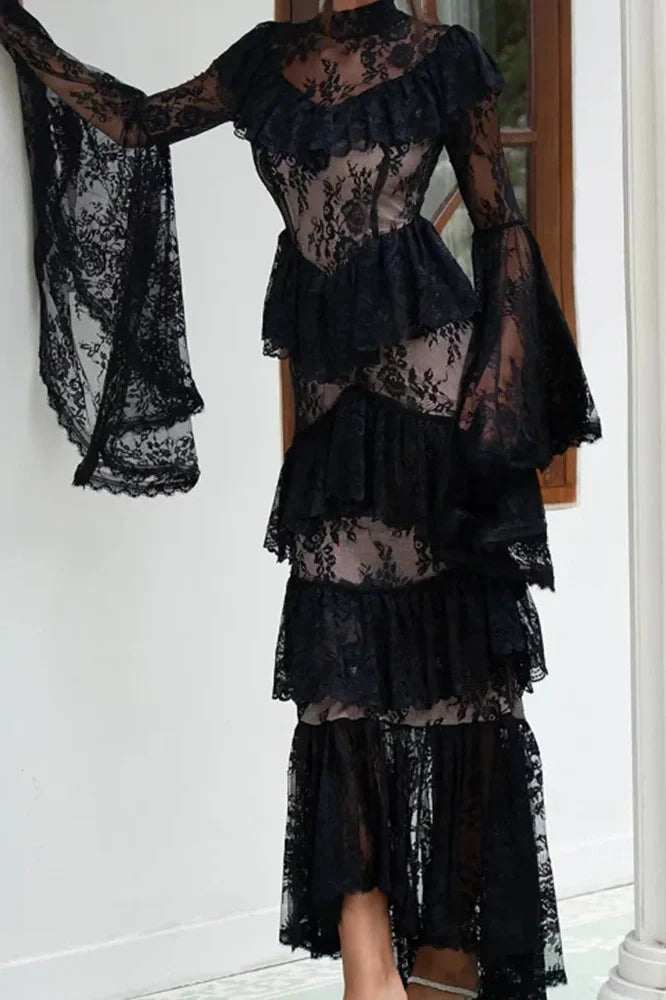 Long Sleeve Lace Embroidery High Waist Maxi Dress